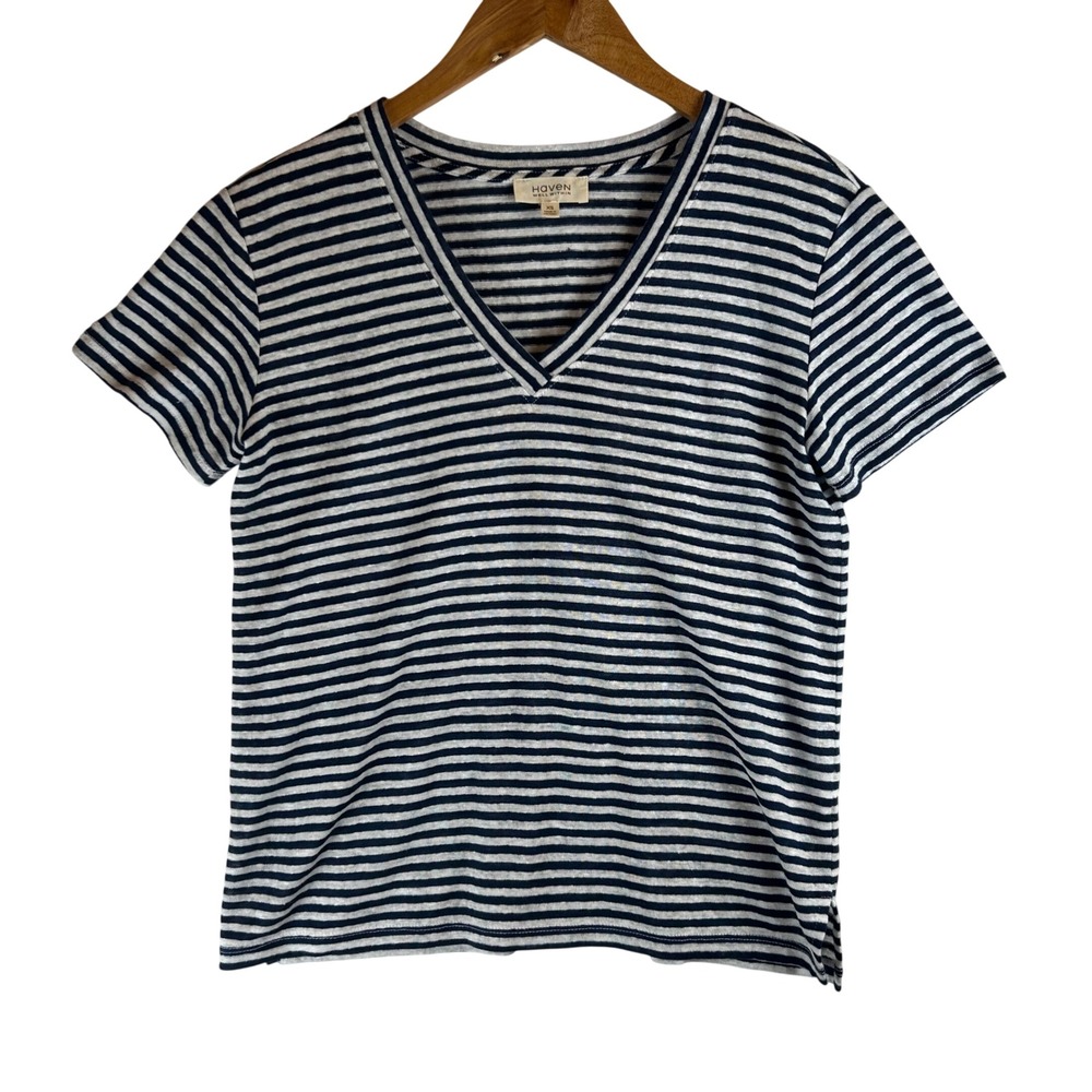 Haven Well Within Womens XS Navyβ Blue White Striped 100% Linen V-Neck T-Shirt